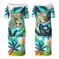 Hawaii Waimanalo Sea Turtle Family Matching Puletasi and Hawaiian Shirt Cute Tropical Beach Aloha Spirit Cartoon TS04 Mom's Dress Green Blue - Polynesian Pride