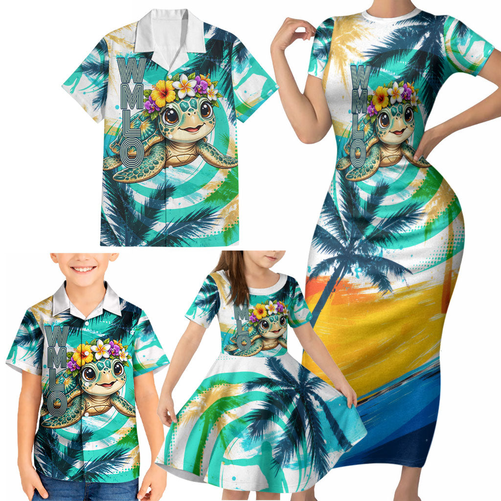 Hawaii Waimanalo Sea Turtle Family Matching Short Sleeve Bodycon Dress and Hawaiian Shirt Cute Tropical Beach Aloha Spirit Cartoon