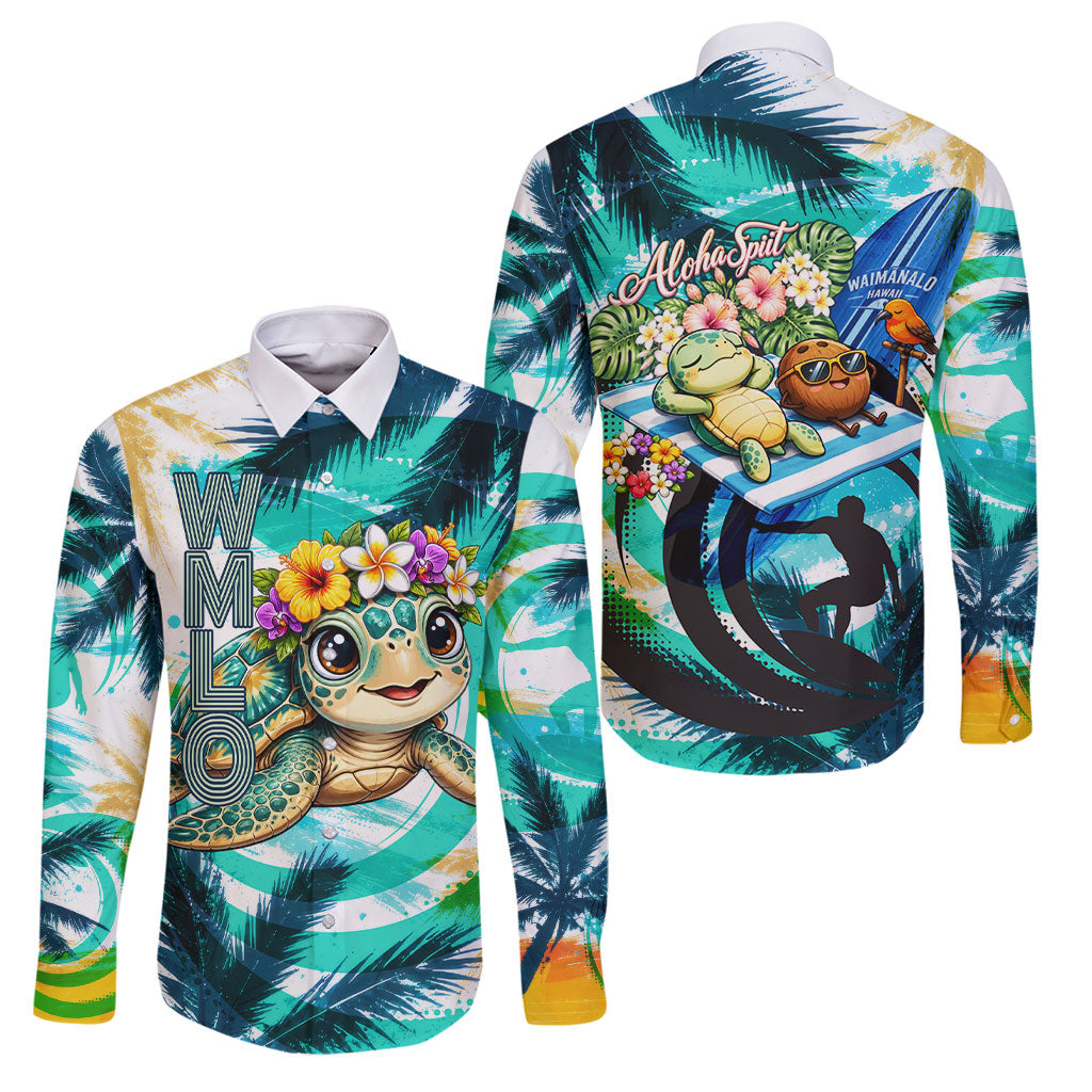 Hawaii Waimanalo Sea Turtle Family Matching Tank Maxi Dress and Hawaiian Shirt Cute Tropical Beach Aloha Spirit Cartoon TS04 Dad's Shirt - Long Sleeve Green Blue - Polynesian Pride