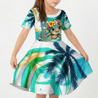 Hawaii Waimanalo Sea Turtle Kid Short Sleeve Dress Cute Tropical Beach Aloha Spirit Cartoon TS04 KID Green Blue - Polynesian Pride