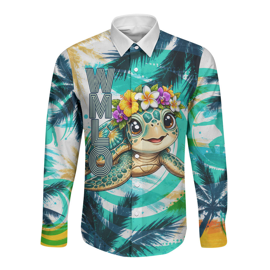 Hawaii Waimanalo Sea Turtle Long Sleeve Button Shirt Cute Tropical Beach Aloha Spirit Cartoon TS04 Unisex Green Blue - Polynesian Pride
