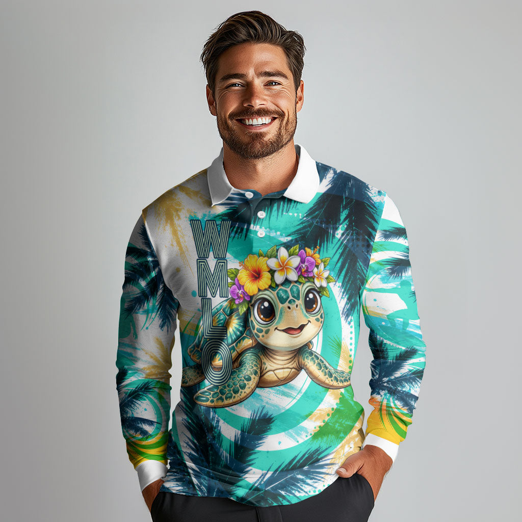 Hawaii Waimanalo Sea Turtle Long Sleeve Polo Shirt Cute Tropical Beach Aloha Spirit Cartoon
