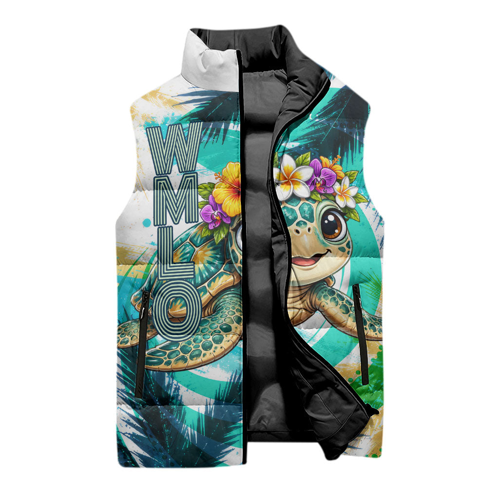 Hawaii Waimanalo Sea Turtle Sleeveless Puffer Jacket Cute Tropical Beach Aloha Spirit Cartoon