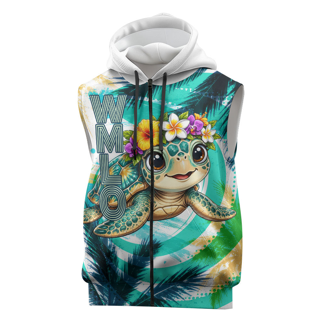 Hawaii Waimanalo Sea Turtle Sleeveless Zip Hoodie Cute Tropical Beach Aloha Spirit Cartoon TS04 Green Blue - Polynesian Pride