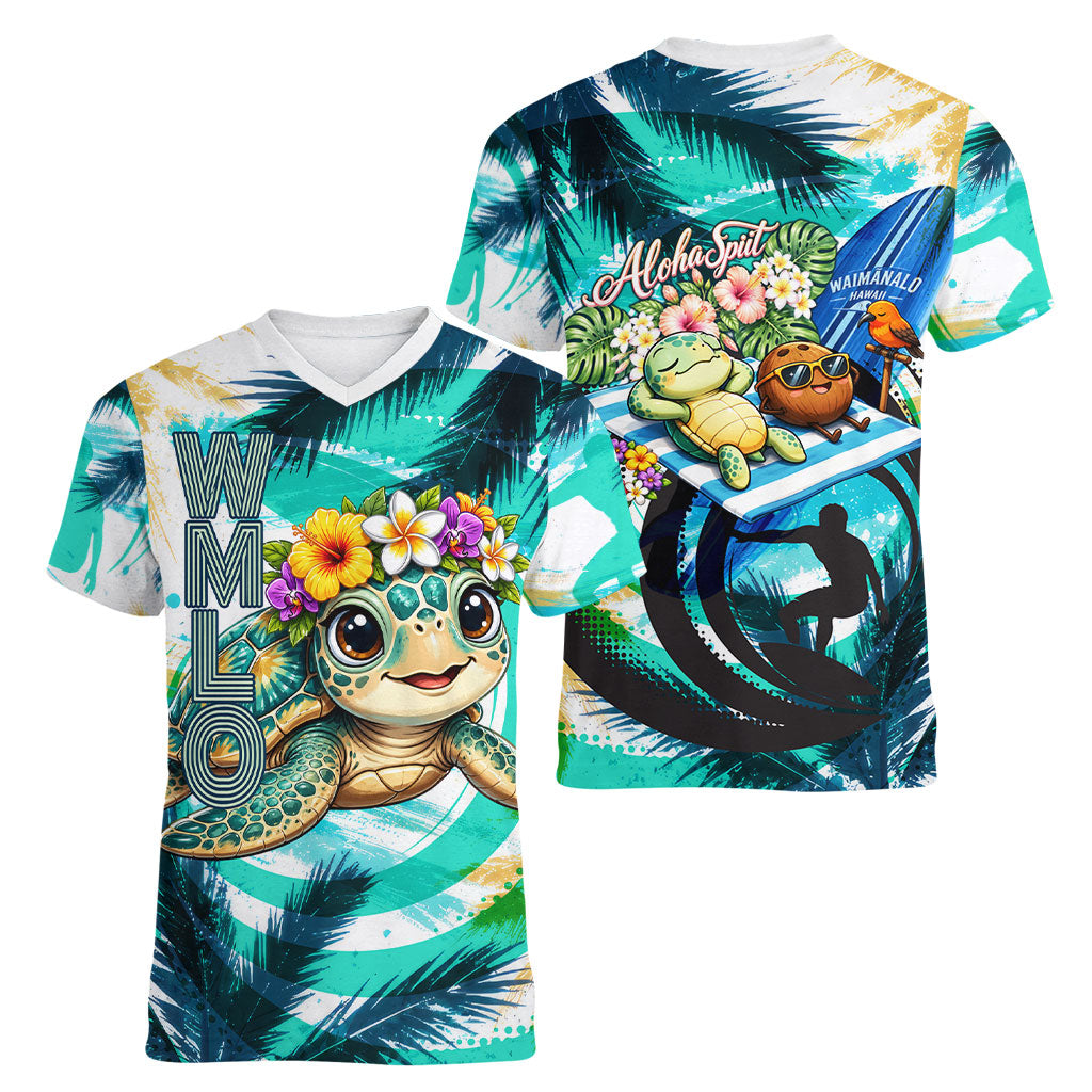 Hawaii Waimanalo Sea Turtle Women V-Neck T-Shirt Cute Tropical Beach Aloha Spirit Cartoon TS04 - Polynesian Pride