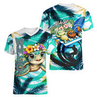 Hawaii Waimanalo Sea Turtle Women V-Neck T-Shirt Cute Tropical Beach Aloha Spirit Cartoon TS04 - Polynesian Pride