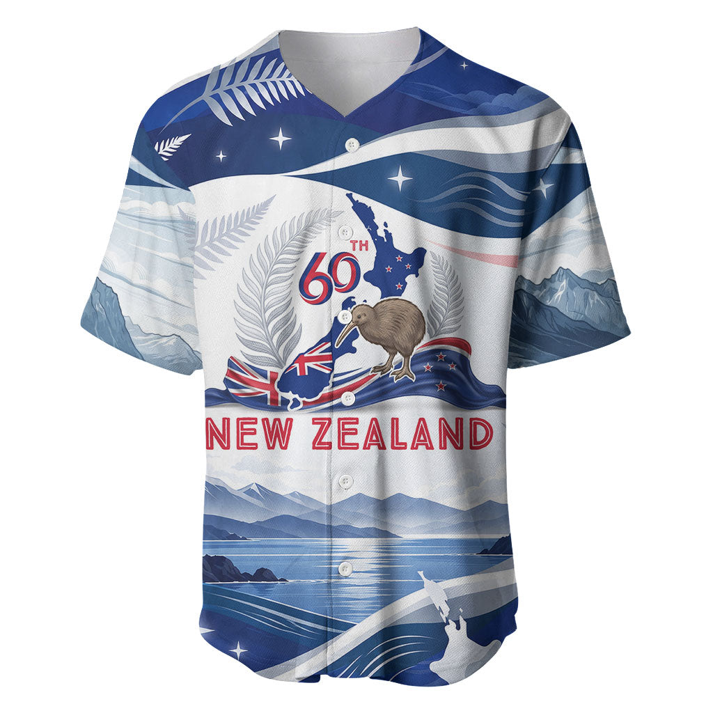 Personalized New Zealand 60th Birthday Baseball Jersey Silver Fern Kiwi Bird Coat Of Arms Flag Graphic Art TS04 Blue White - Polynesian Pride