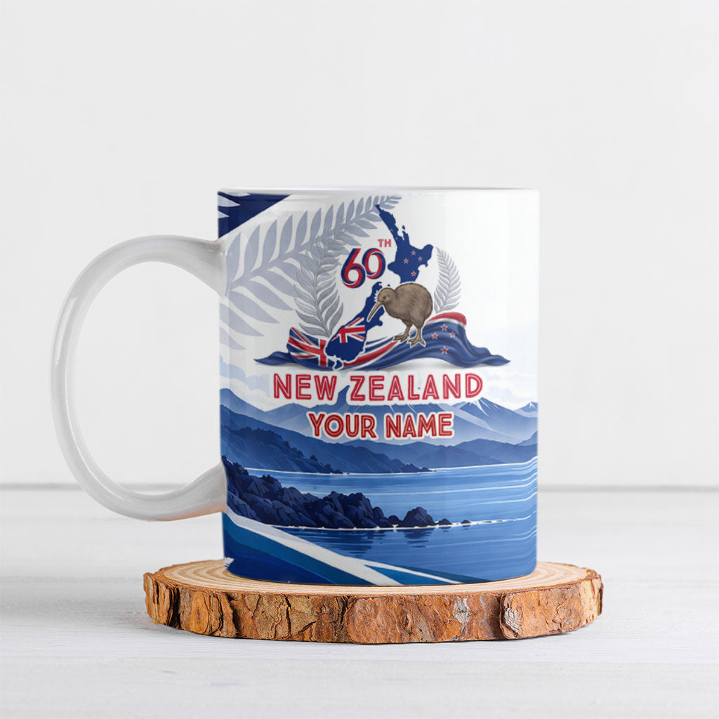 Personalized New Zealand 60th Birthday Ceramic Mug Silver Fern Kiwi Bird Coat Of Arms Flag Graphic Art