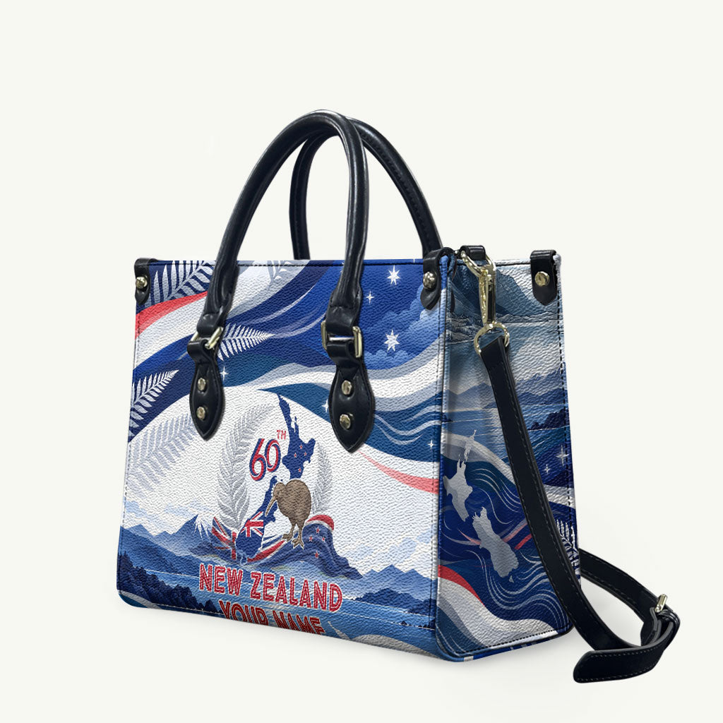 Personalized New Zealand 60th Birthday Leather Bag Silver Fern Kiwi Bird Coat Of Arms Flag Graphic Art TS04 Blue White - Polynesian Pride