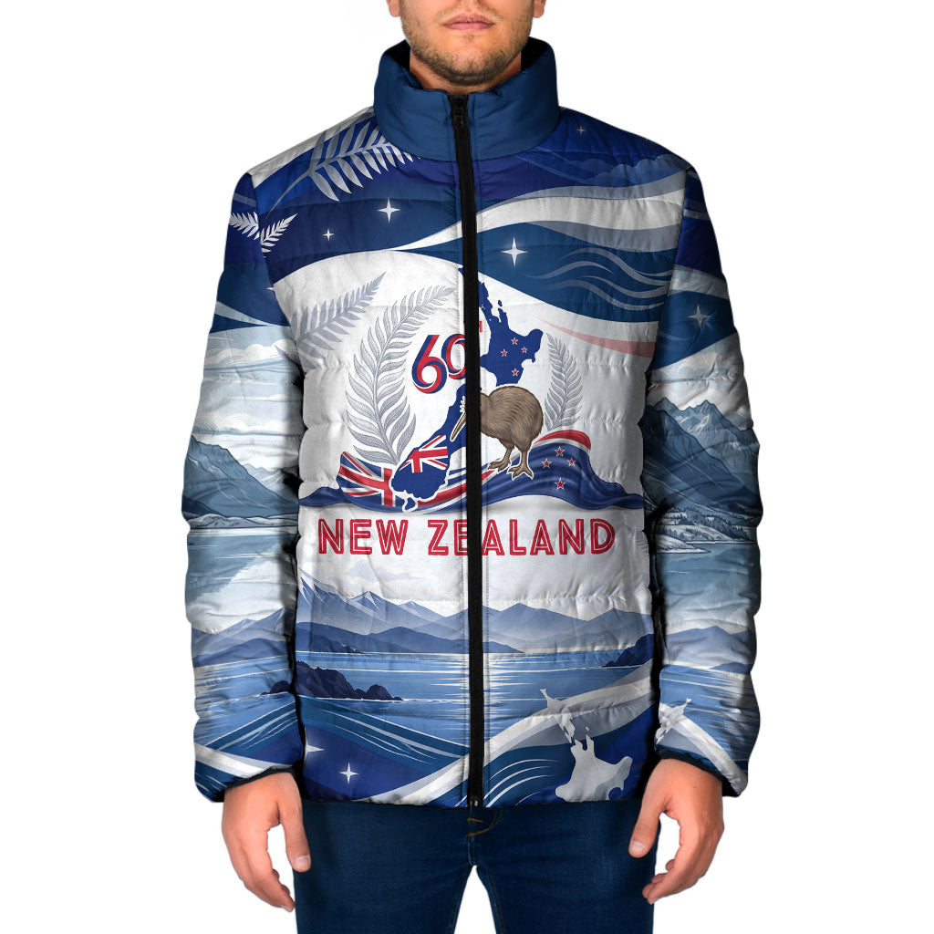 Personalized New Zealand 60th Birthday Padded Jacket Silver Fern Kiwi Bird Coat Of Arms Flag Graphic Art