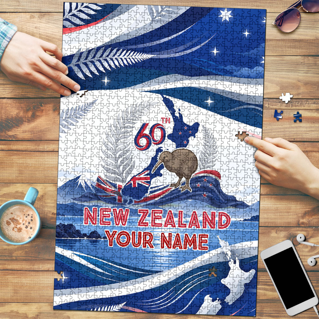 Personalized New Zealand 60th Birthday Puzzle Silver Fern Kiwi Bird Coat Of Arms Flag Graphic Art
