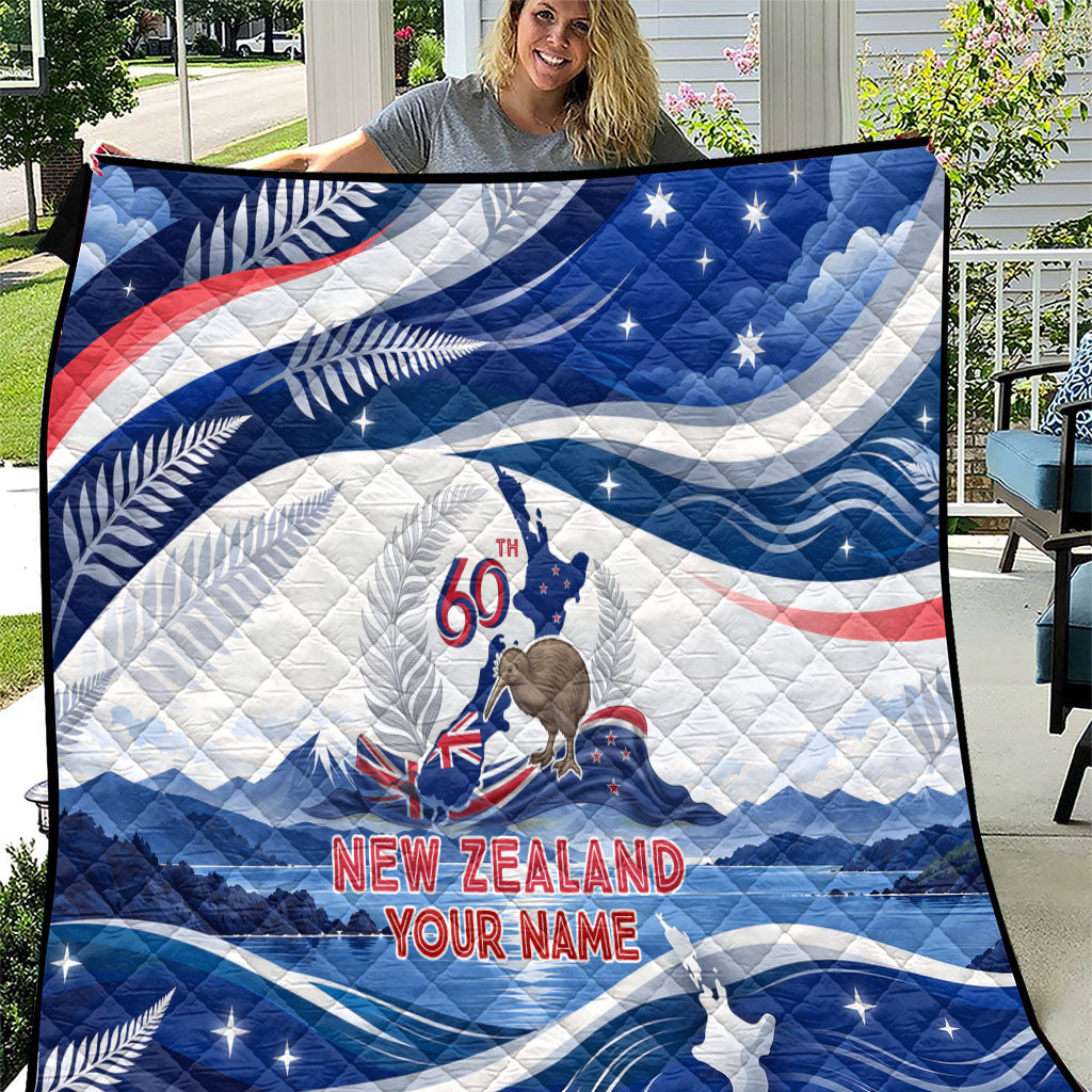 Personalized New Zealand 60th Birthday Quilt Silver Fern Kiwi Bird Coat Of Arms Flag Graphic Art