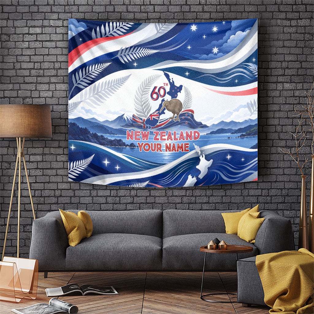 Personalized New Zealand 60th Birthday Tapestry Silver Fern Kiwi Bird Coat Of Arms Flag Graphic Art TS04 Blue White - Polynesian Pride