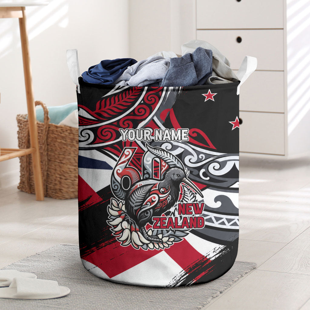 Personalized New Zealand 60th Birthday Laundry Basket Maori Tribal Patterns Kiwi Bird Silver Fern Flag Graphic Art TS04 Red Black - Polynesian Pride