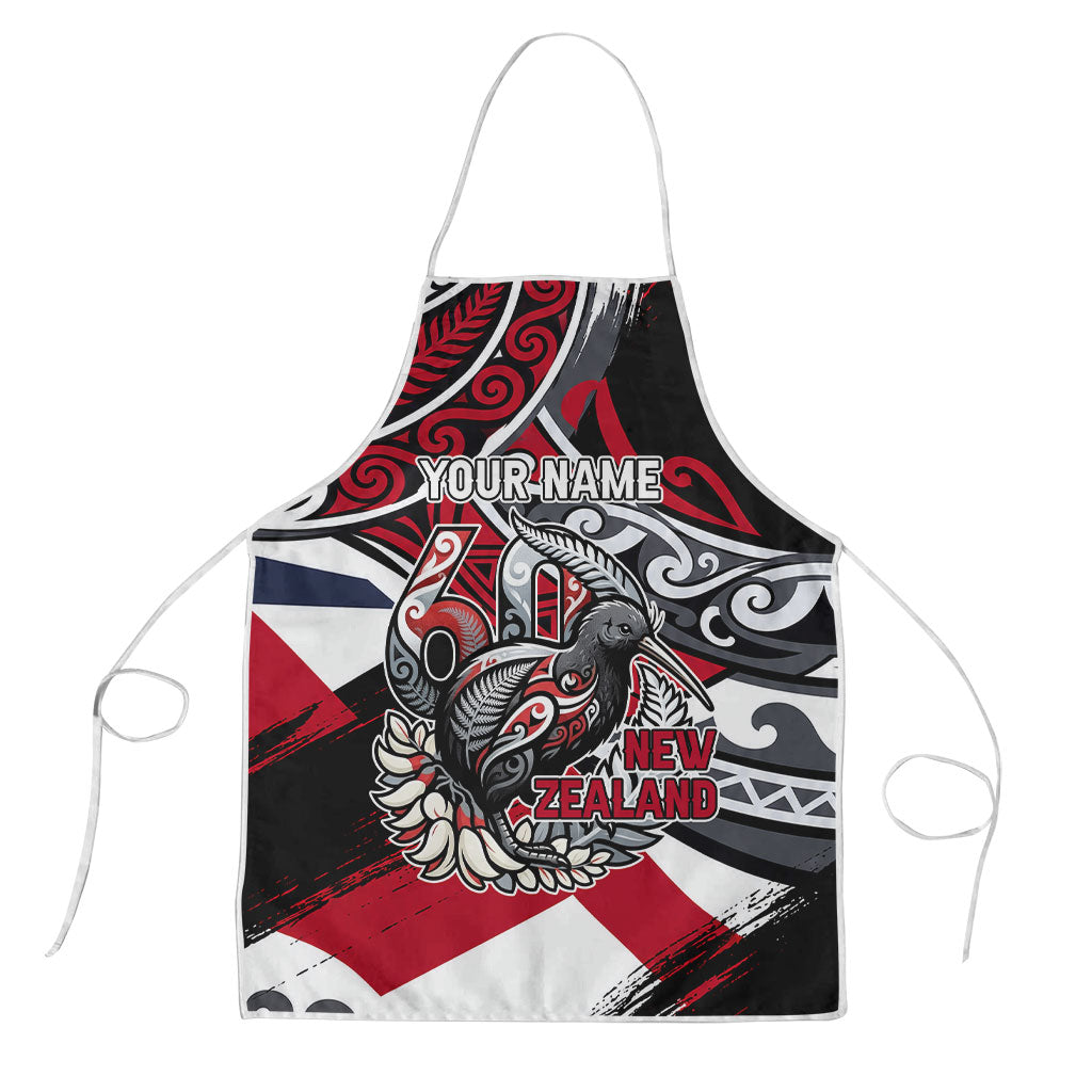 Personalized New Zealand 60th Birthday Apron Maori Tribal Patterns Kiwi Bird Silver Fern Flag Graphic Art