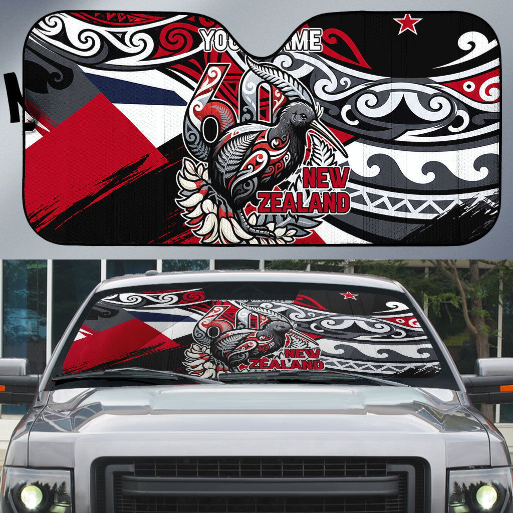 Personalized New Zealand 60th Birthday Auto Sun Shade Maori Tribal Patterns Kiwi Bird Silver Fern Flag Graphic Art