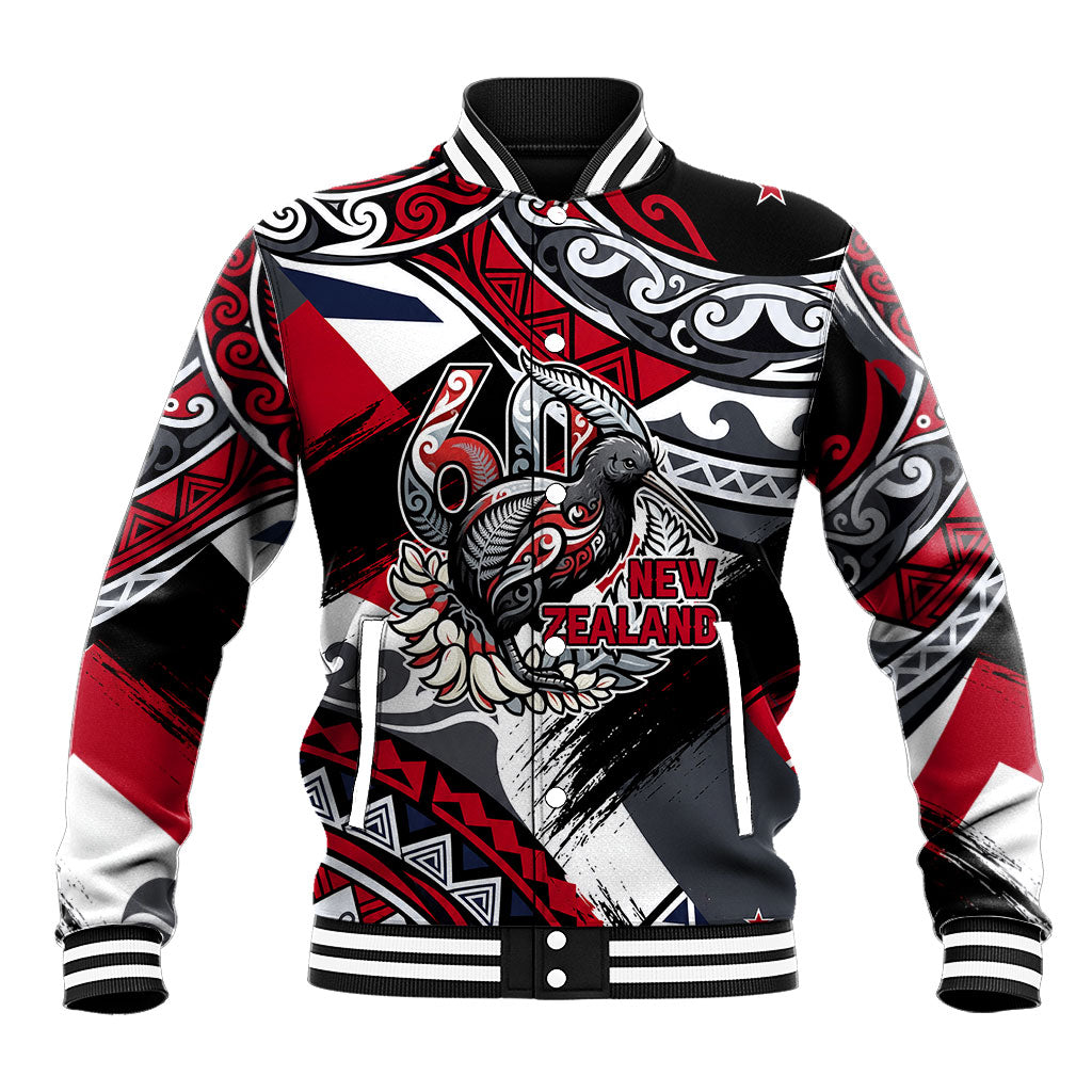 Personalized New Zealand 60th Birthday Baseball Jacket Maori Tribal Patterns Kiwi Bird Silver Fern Flag Graphic Art