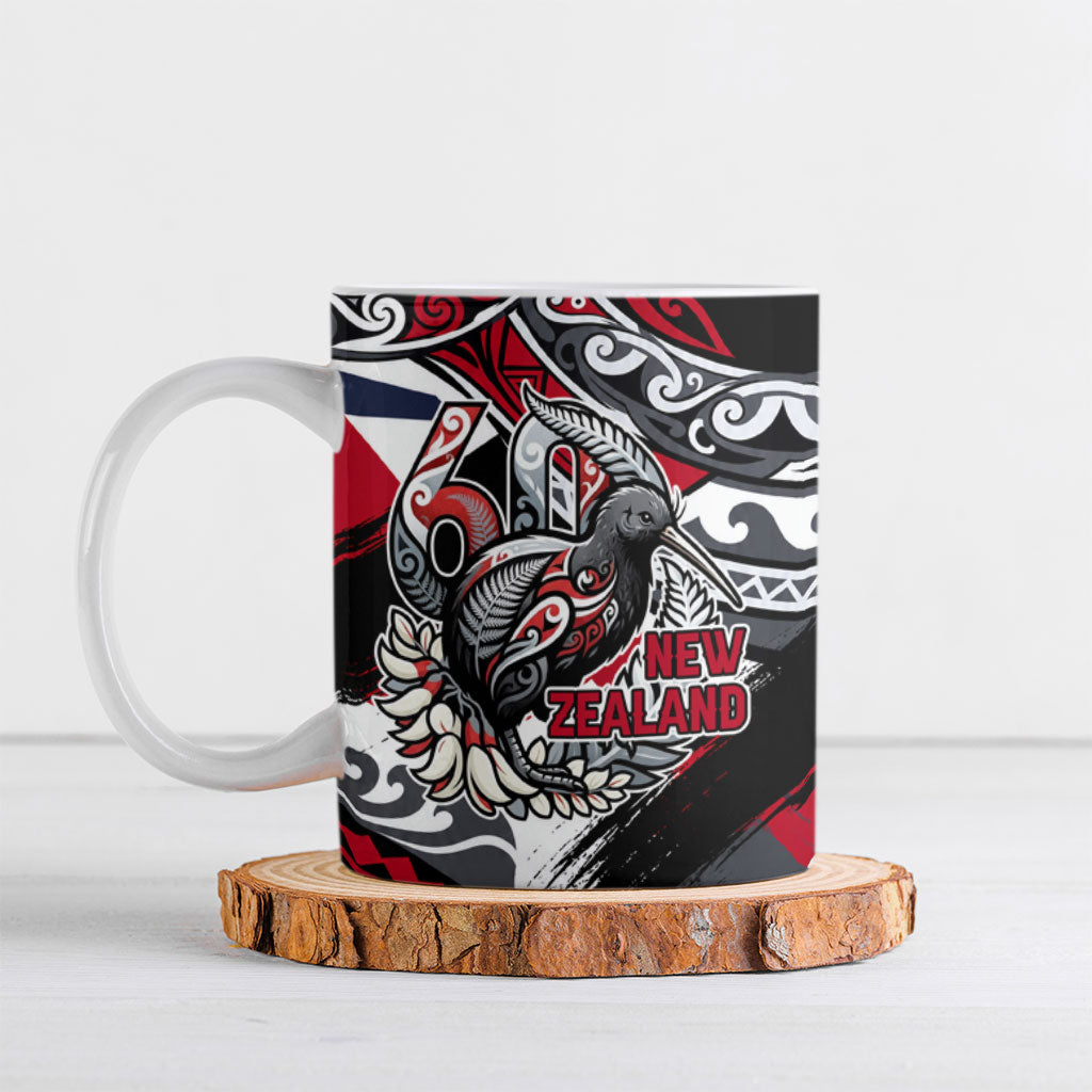 Personalized New Zealand 60th Birthday Ceramic Mug Maori Tribal Patterns Kiwi Bird Silver Fern Flag Graphic Art