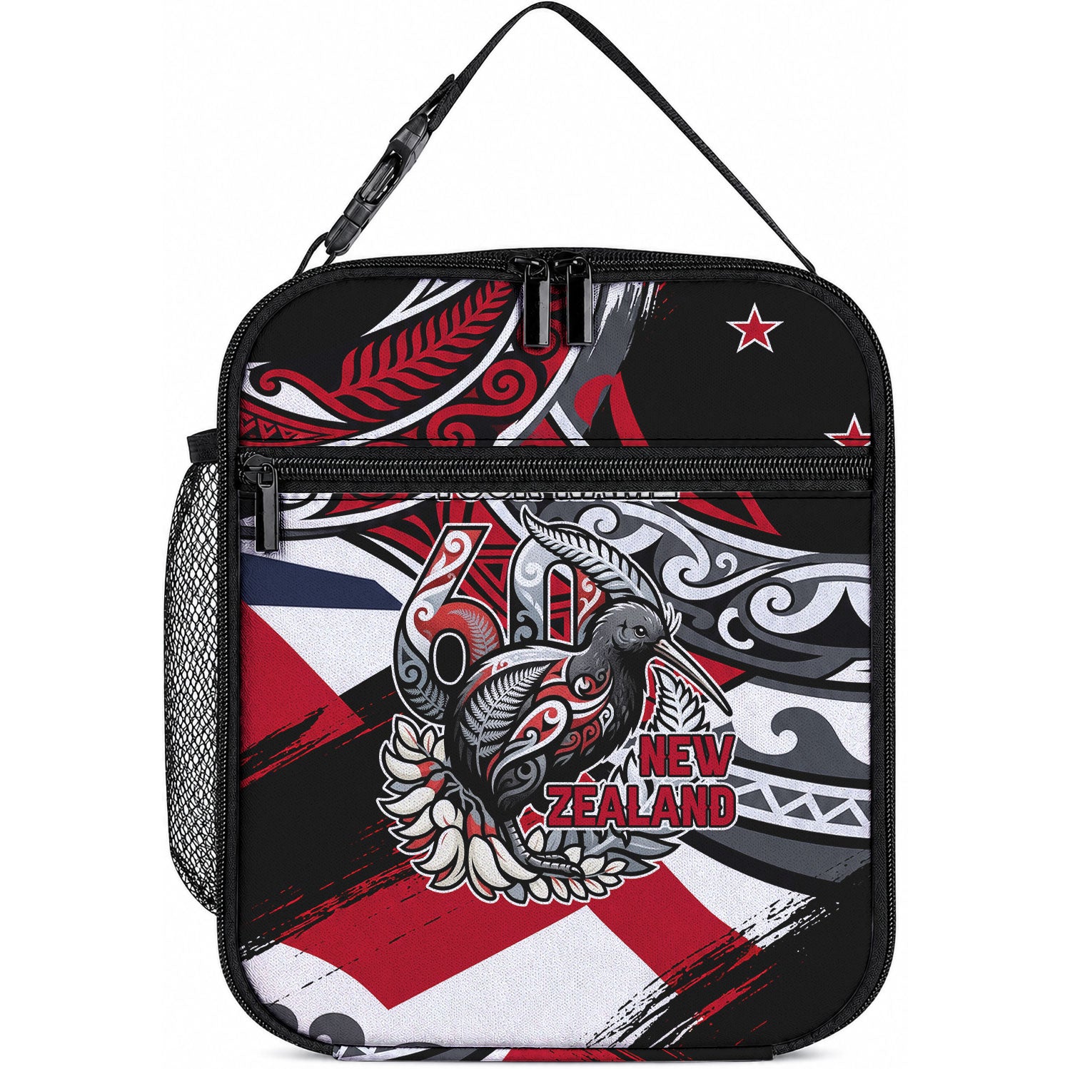 Personalized New Zealand 60th Birthday Lunch Bag Maori Tribal Patterns Kiwi Bird Silver Fern Flag Graphic Art TS04 10.2 × 8.3 × 4.3 inch Red Black - Polynesian Pride