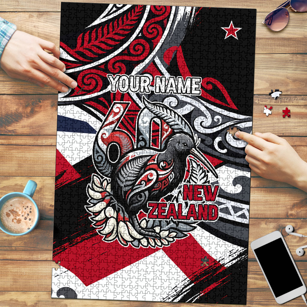 Personalized New Zealand 60th Birthday Puzzle Maori Tribal Patterns Kiwi Bird Silver Fern Flag Graphic Art