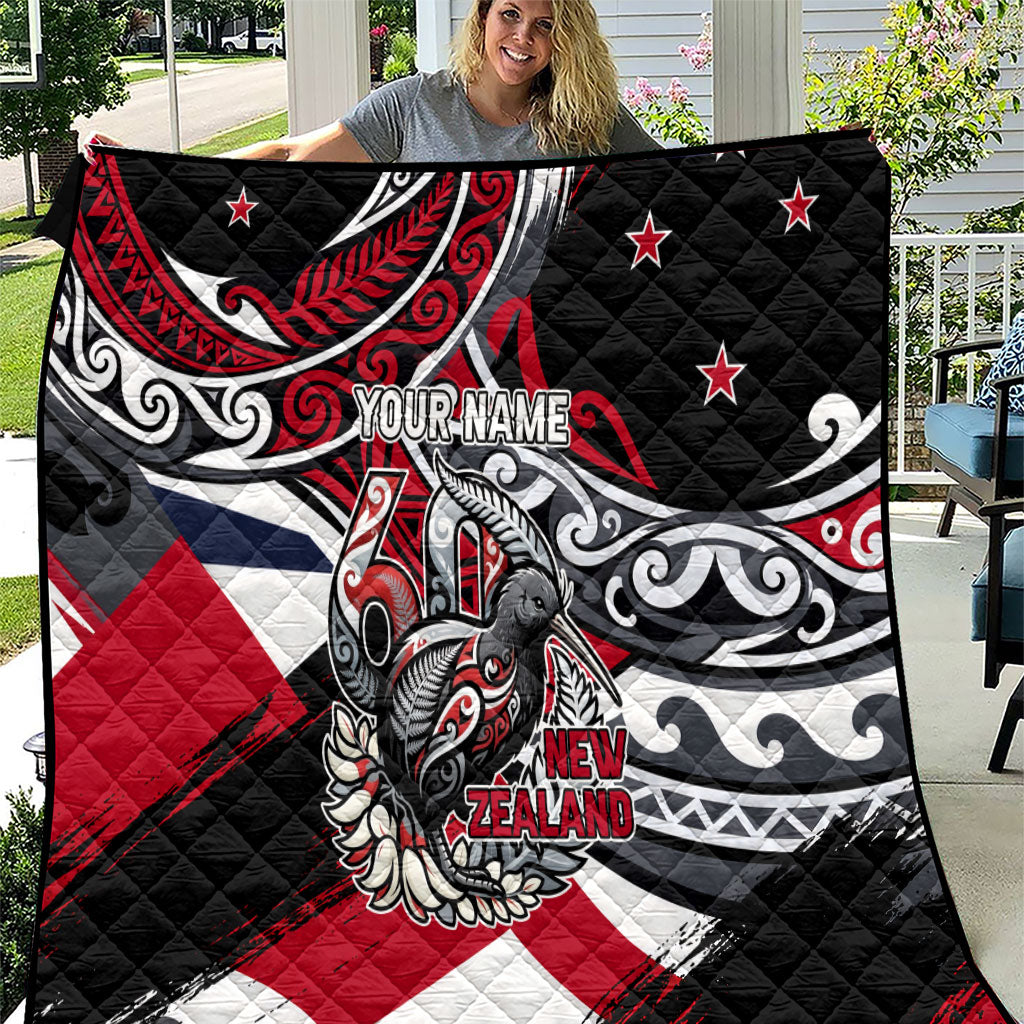Personalized New Zealand 60th Birthday Quilt Maori Tribal Patterns Kiwi Bird Silver Fern Flag Graphic Art