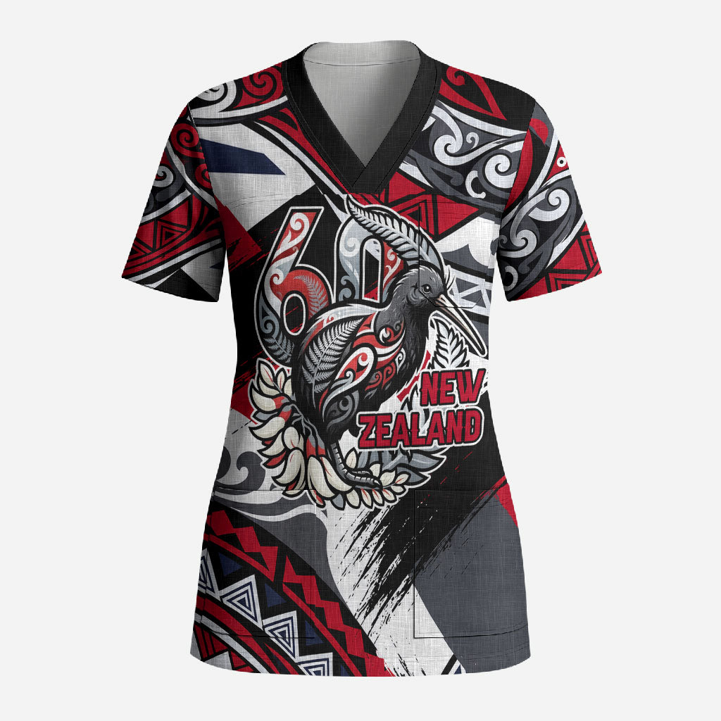 Personalized New Zealand 60th Birthday Scrub Top Maori Tribal Patterns Kiwi Bird Silver Fern Flag Graphic Art