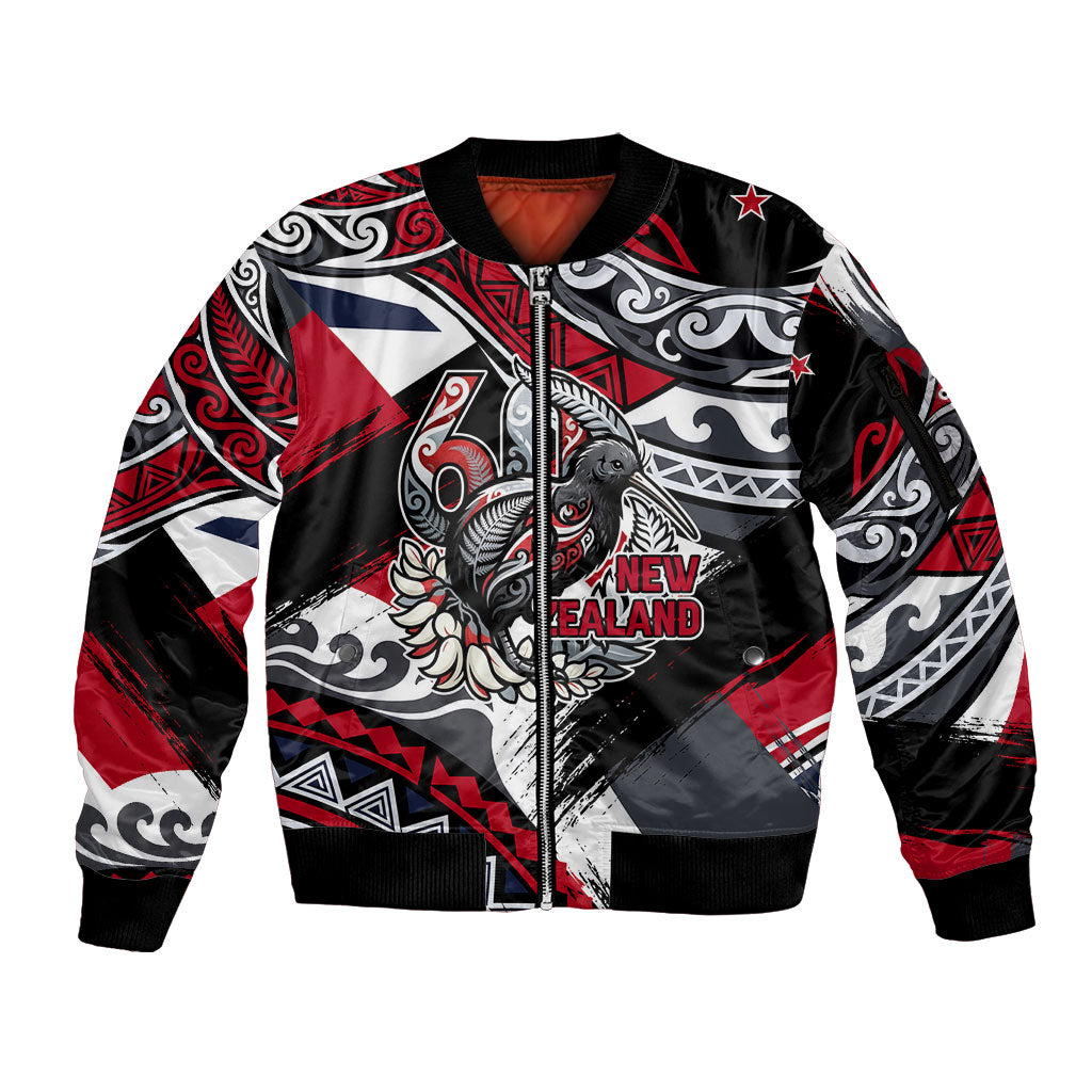 Personalized New Zealand 60th Birthday Sleeve Zip Bomber Jacket Maori Tribal Patterns Kiwi Bird Silver Fern Flag Graphic Art TS04 Unisex Red Black - Polynesian Pride