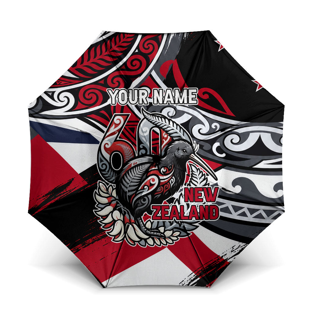 Personalized New Zealand 60th Birthday Umbrella Maori Tribal Patterns Kiwi Bird Silver Fern Flag Graphic Art