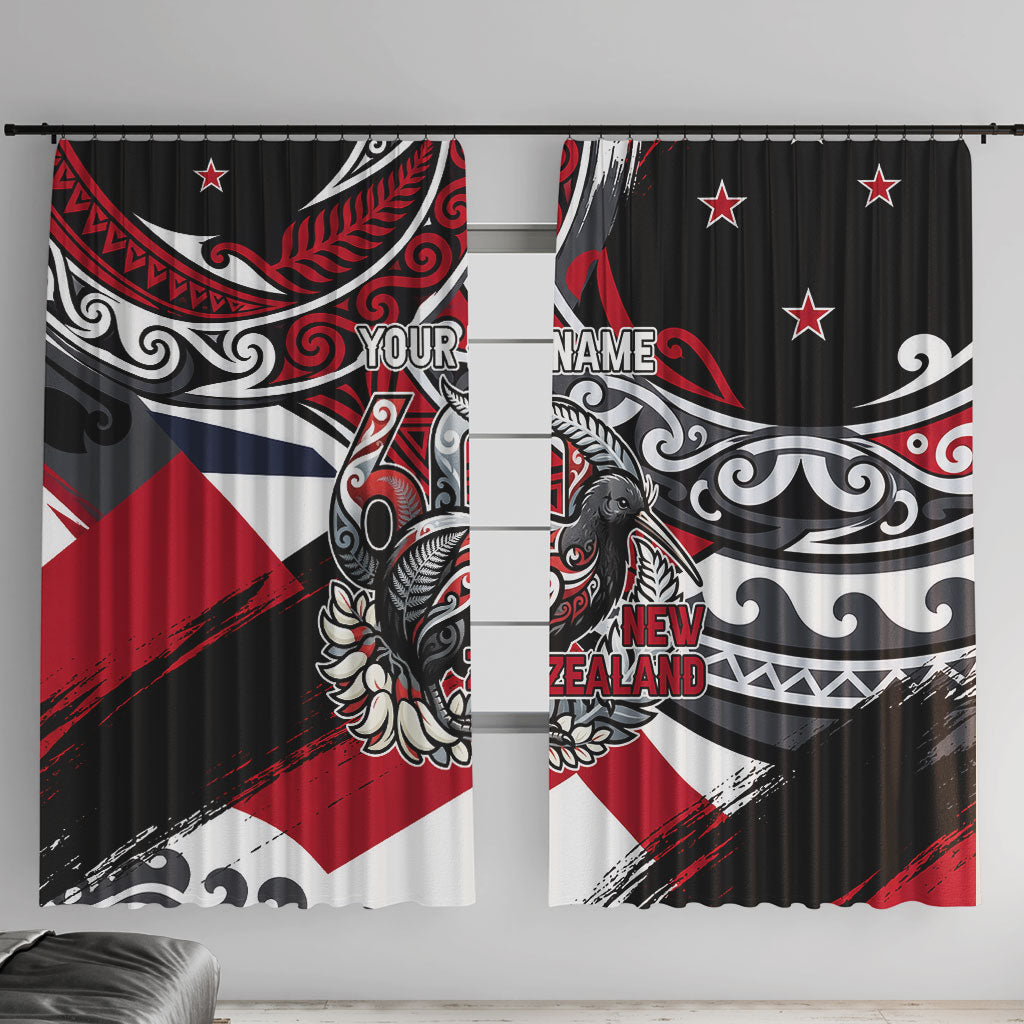 Personalized New Zealand 60th Birthday Window Curtain Maori Tribal Patterns Kiwi Bird Silver Fern Flag Graphic Art TS04 With Hooks Red Black - Polynesian Pride