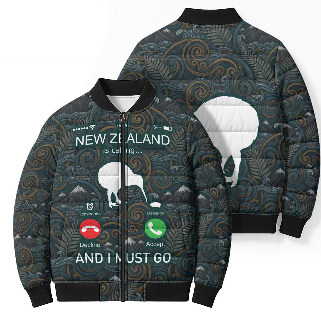New Zealand is Calling and I Must Go Bomber Puffer Jacket Kiwi Bird Silhouette TS04 - Polynesian Pride