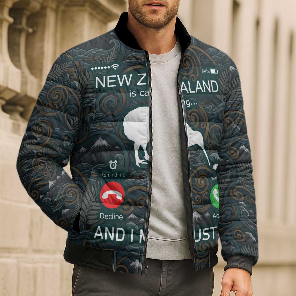 New Zealand is Calling and I Must Go Bomber Puffer Jacket Kiwi Bird Silhouette TS04 - Polynesian Pride