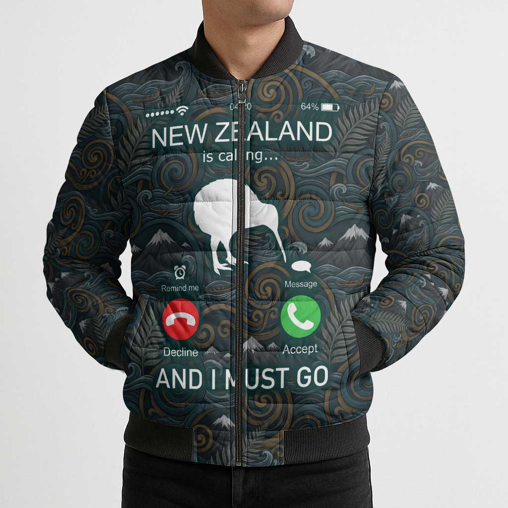 New Zealand is Calling and I Must Go Bomber Puffer Jacket Kiwi Bird Silhouette TS04 - Polynesian Pride
