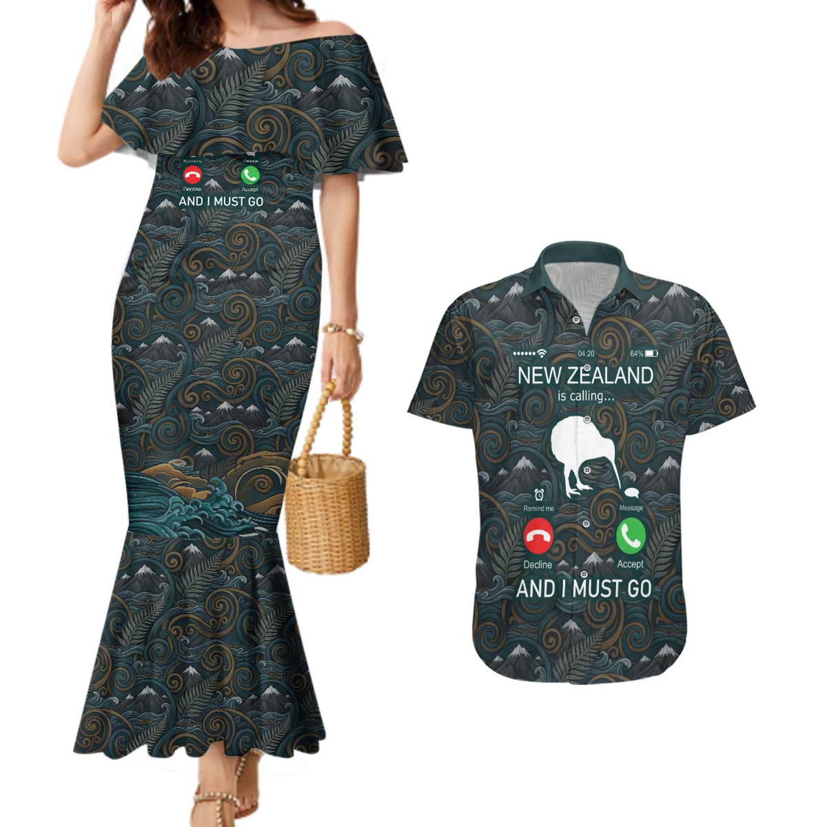 New Zealand is Calling and I Must Go Couples Matching Mermaid Dress and Hawaiian Shirt Kiwi Bird Silhouette TS04 Multicolor - Polynesian Pride