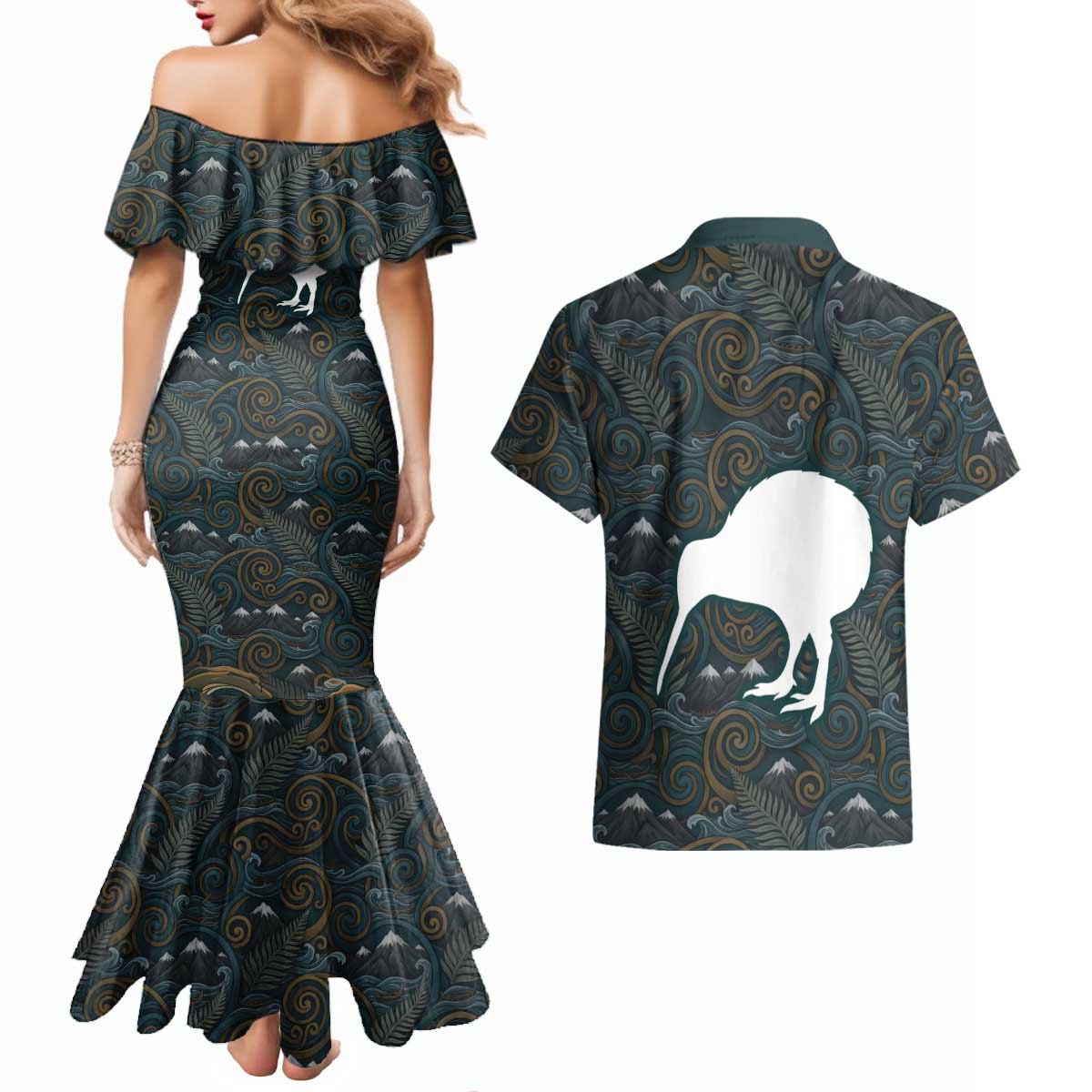 New Zealand is Calling and I Must Go Couples Matching Mermaid Dress and Hawaiian Shirt Kiwi Bird Silhouette TS04 - Polynesian Pride