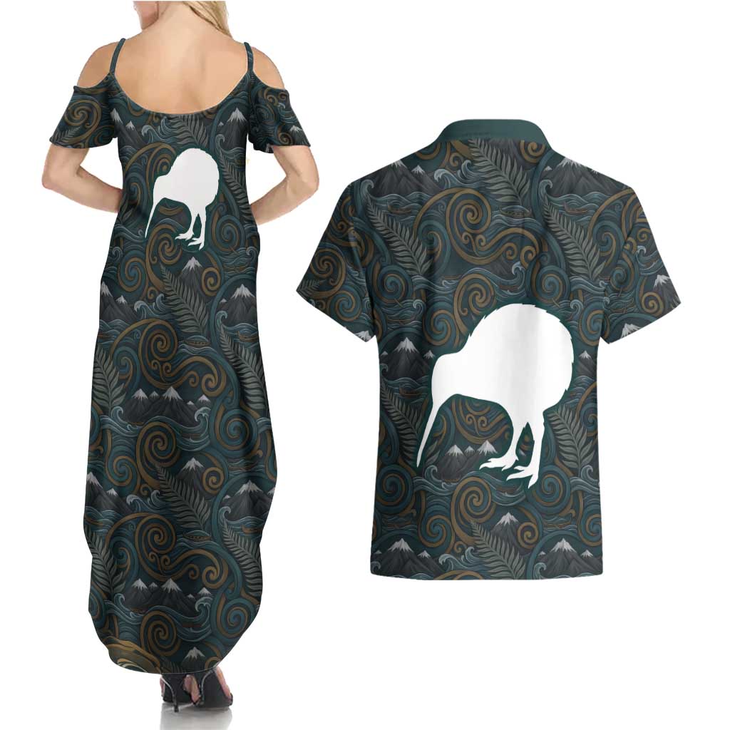 New Zealand is Calling and I Must Go Couples Matching Summer Maxi Dress and Hawaiian Shirt Kiwi Bird Silhouette