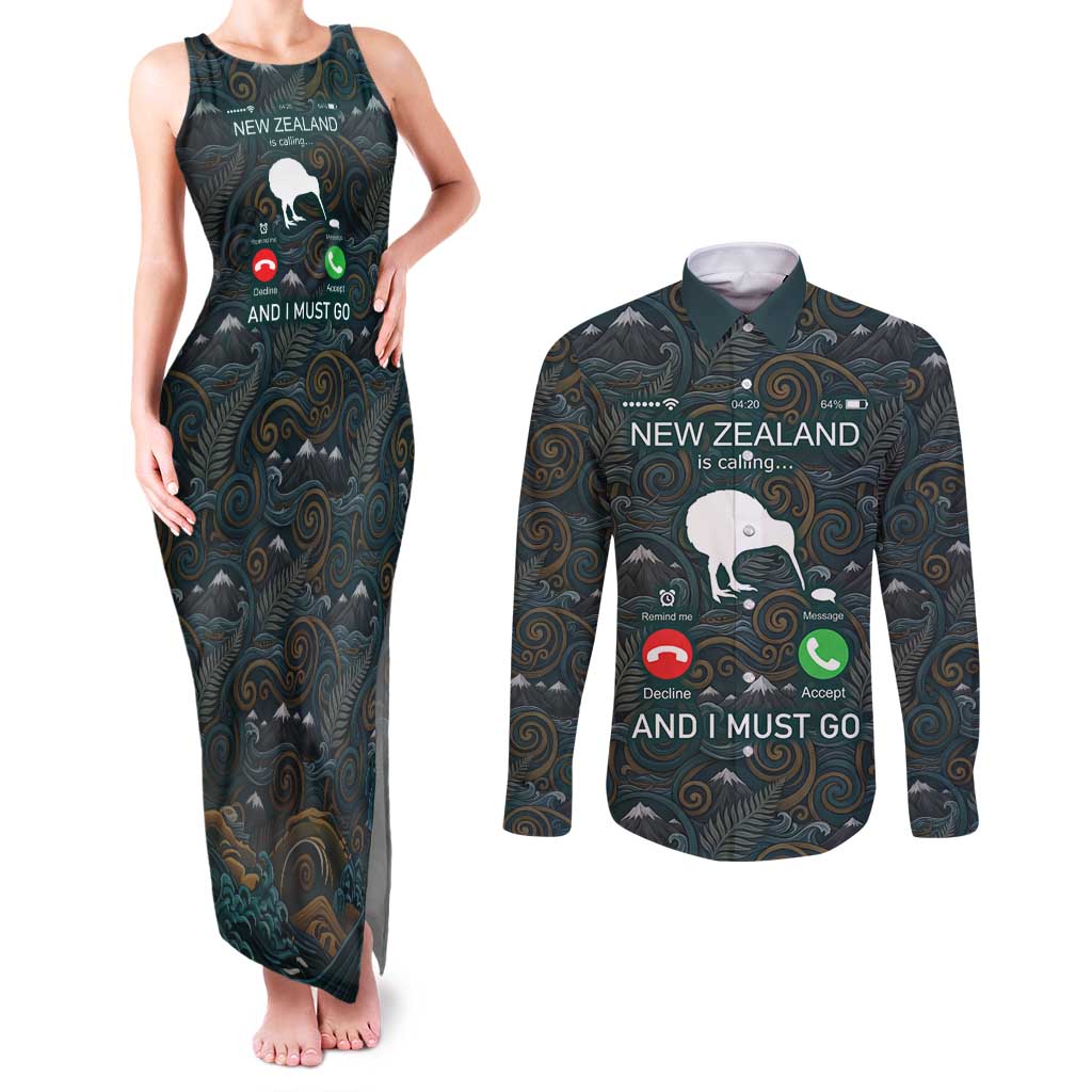 New Zealand is Calling and I Must Go Couples Matching Tank Maxi Dress and Long Sleeve Button Shirt Kiwi Bird Silhouette