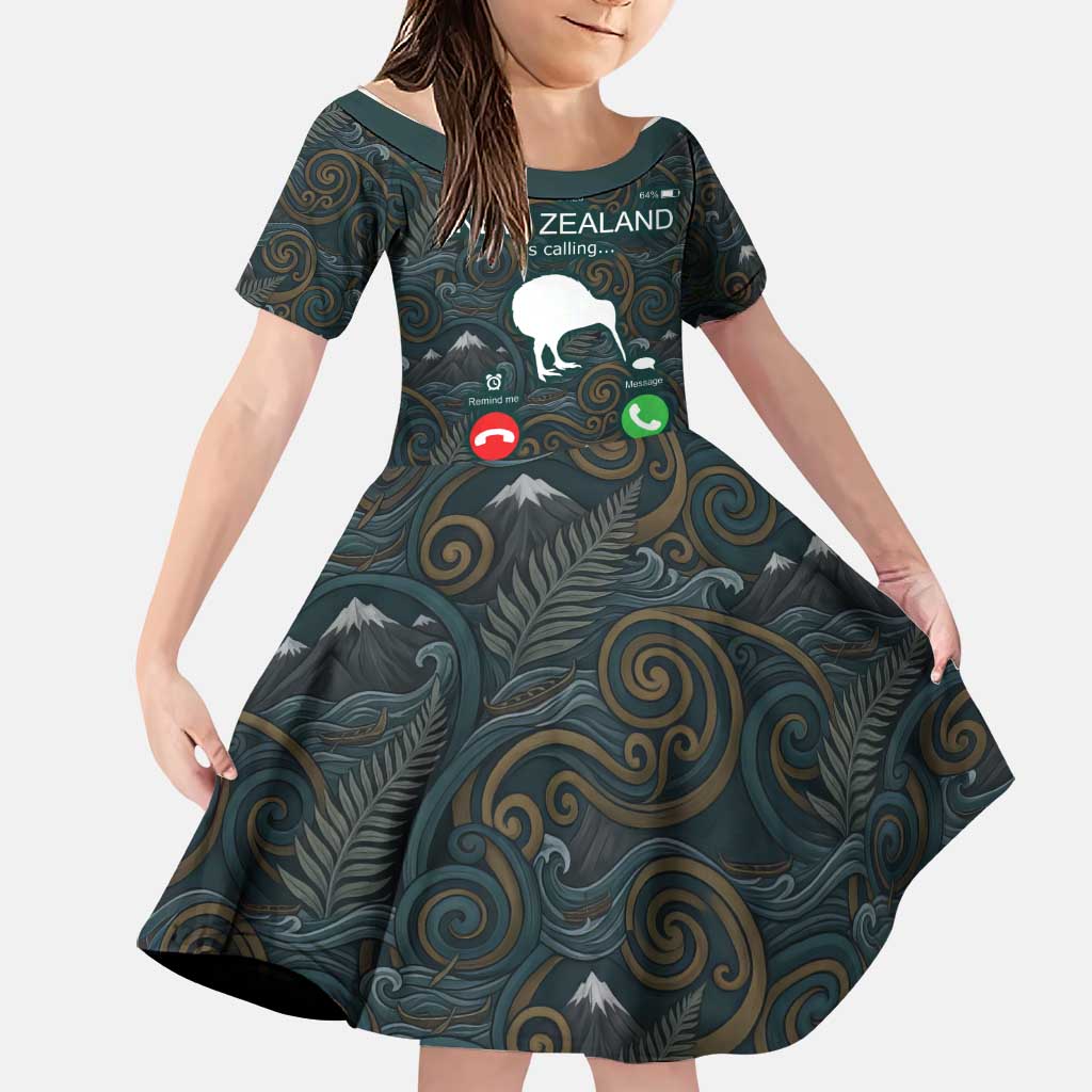 New Zealand is Calling and I Must Go Family Matching Off Shoulder Maxi Dress and Hawaiian Shirt Kiwi Bird Silhouette