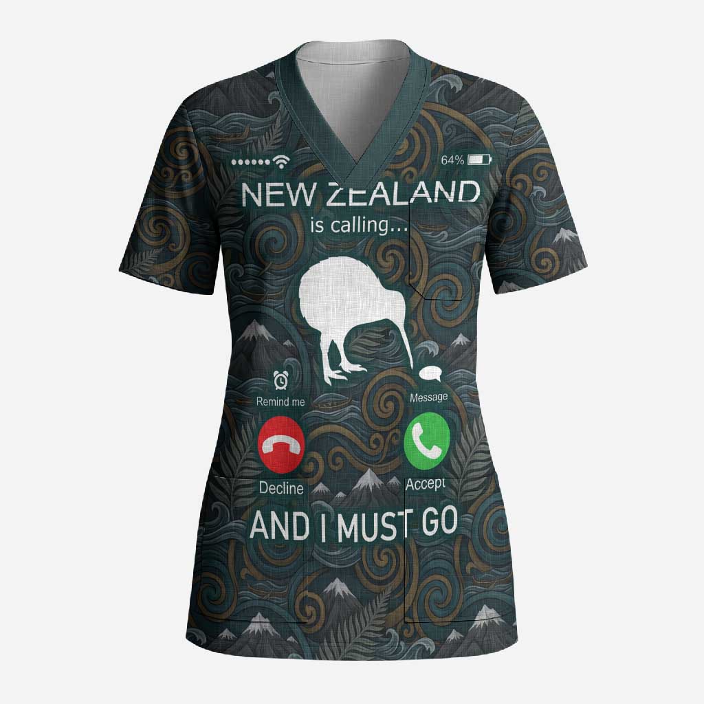 New Zealand is Calling and I Must Go Scrub Top Kiwi Bird Silhouette TS04 Adult Multicolor - Polynesian Pride