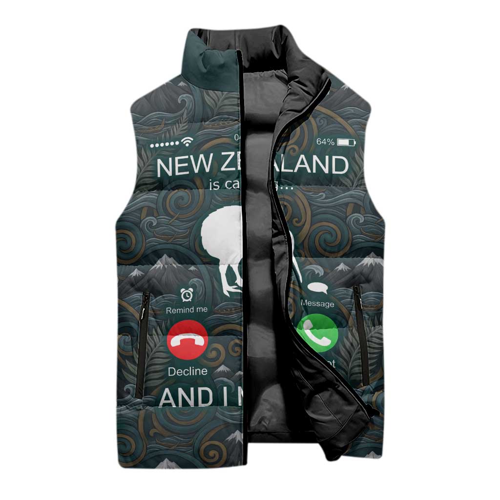 New Zealand is Calling and I Must Go Sleeveless Puffer Jacket Kiwi Bird Silhouette