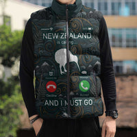New Zealand is Calling and I Must Go Sleeveless Puffer Jacket Kiwi Bird Silhouette