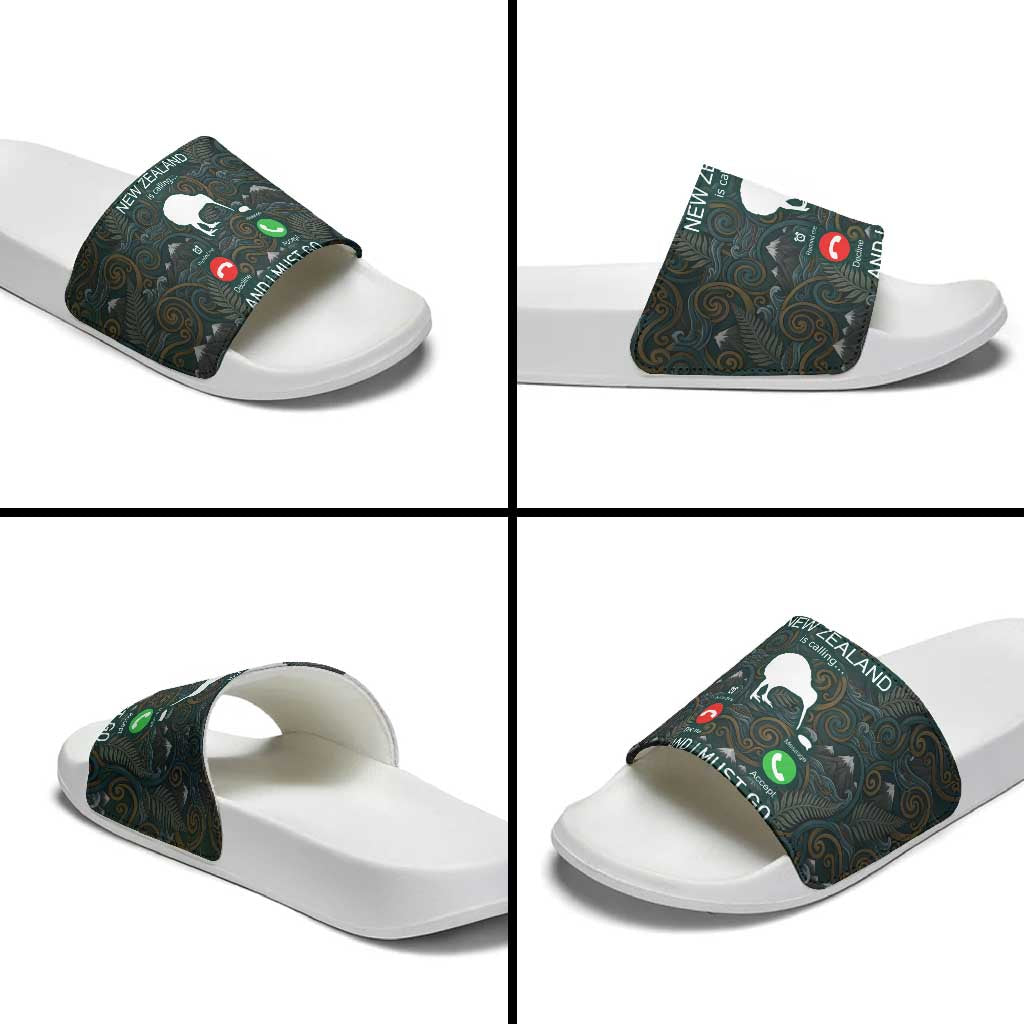 New Zealand is Calling and I Must Go Slide Sandals Kiwi Bird Silhouette