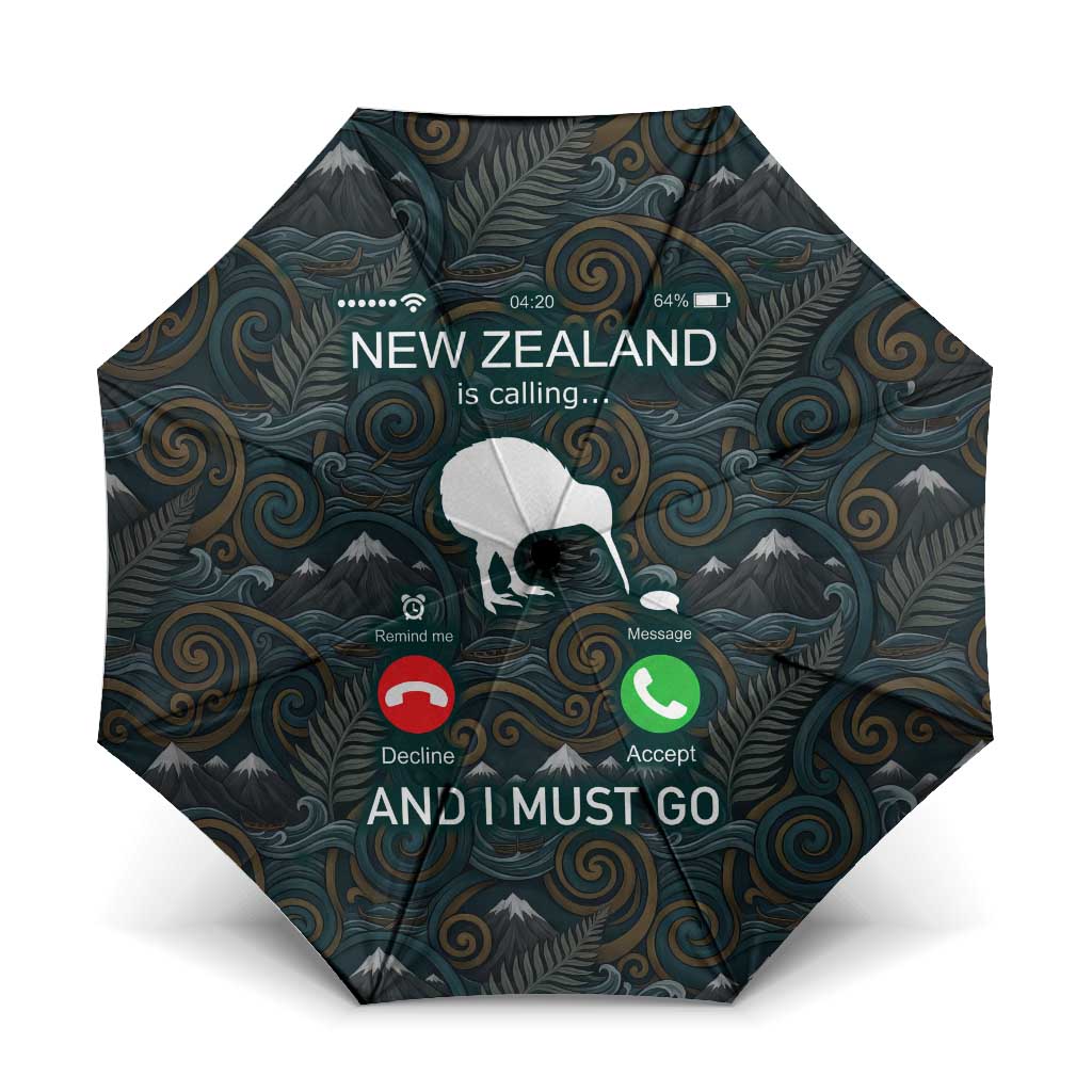 New Zealand is Calling and I Must Go Umbrella Kiwi Bird Silhouette TS04 One Size Folded 11.42 inch Opened Diameter 37.4 inch Multicolor - Polynesian Pride