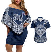 American Samoa Eagle Couples Matching Off Shoulder Short Dress and Hawaiian Shirt Sea Turtle Traditional Polynesian Tribal Tattoo