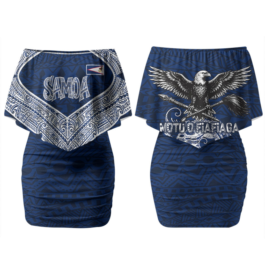 American Samoa Eagle Couples Matching Off Shoulder Short Dress and Hawaiian Shirt Sea Turtle Traditional Polynesian Tribal Tattoo