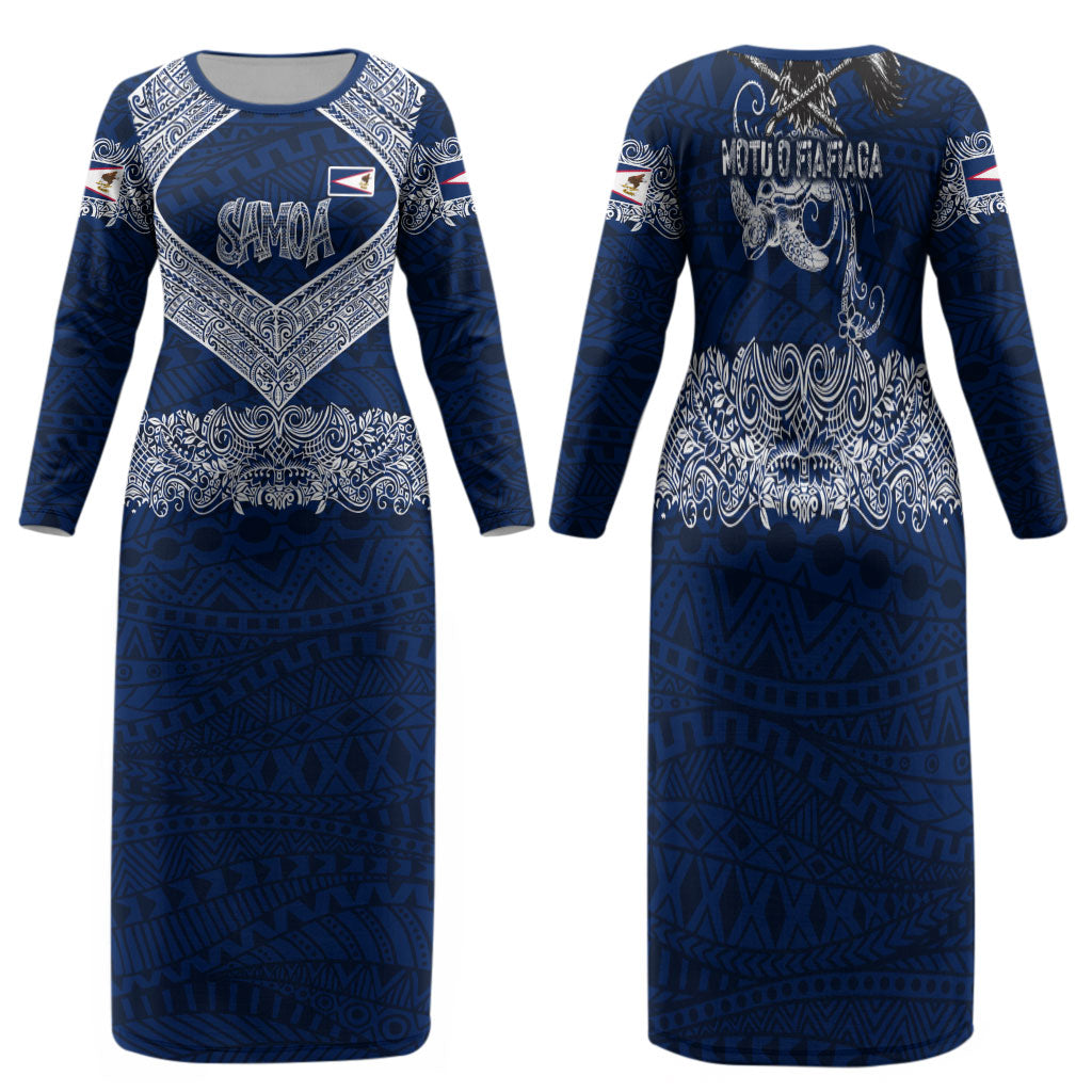 American Samoa Eagle Family Matching Long Sleeve Bodycon Dress and Hawaiian Shirt Sea Turtle Traditional Polynesian Tribal Tattoo TS04 Mom's Dress Blue White - Polynesian Pride