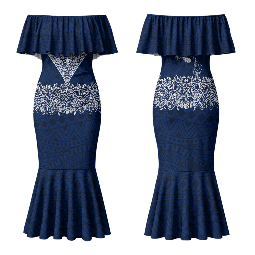 American Samoa Eagle Family Matching Mermaid Dress and Hawaiian Shirt Sea Turtle Traditional Polynesian Tribal Tattoo TS04 Mom's Dress Blue White - Polynesian Pride