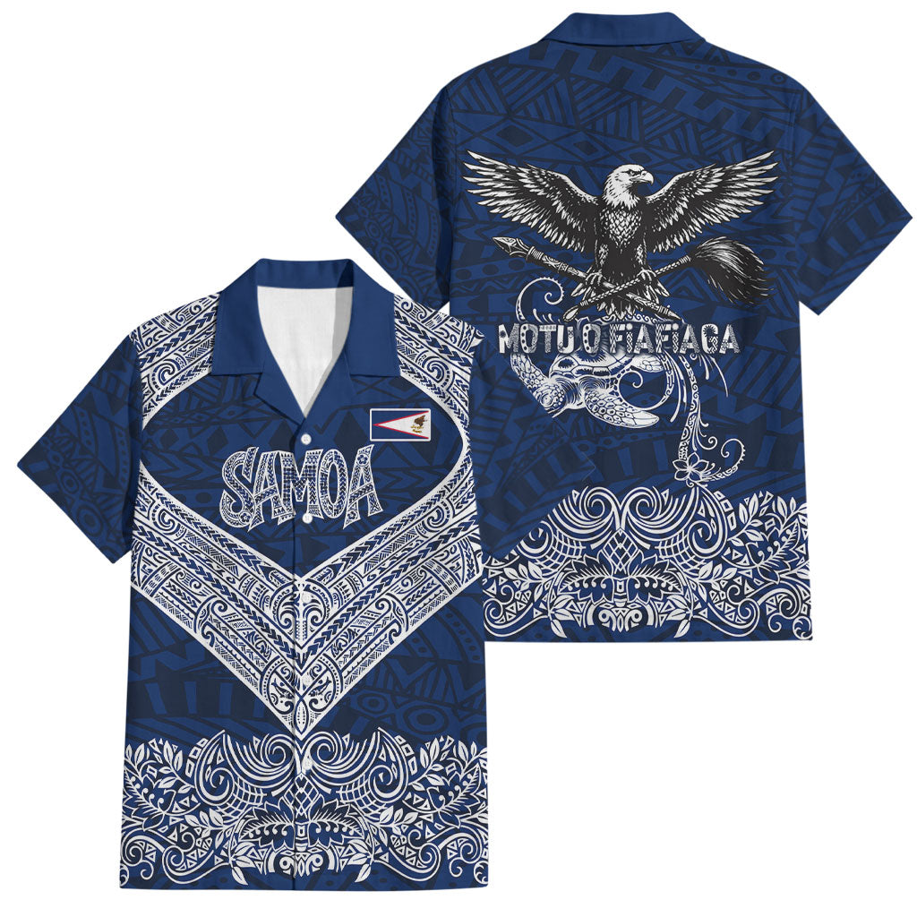 American Samoa Eagle Family Matching Off The Shoulder Long Sleeve Dress and Hawaiian Shirt Sea Turtle Traditional Polynesian Tribal Tattoo TS04 Dad's Shirt - Short Sleeve Blue White - Polynesian Pride