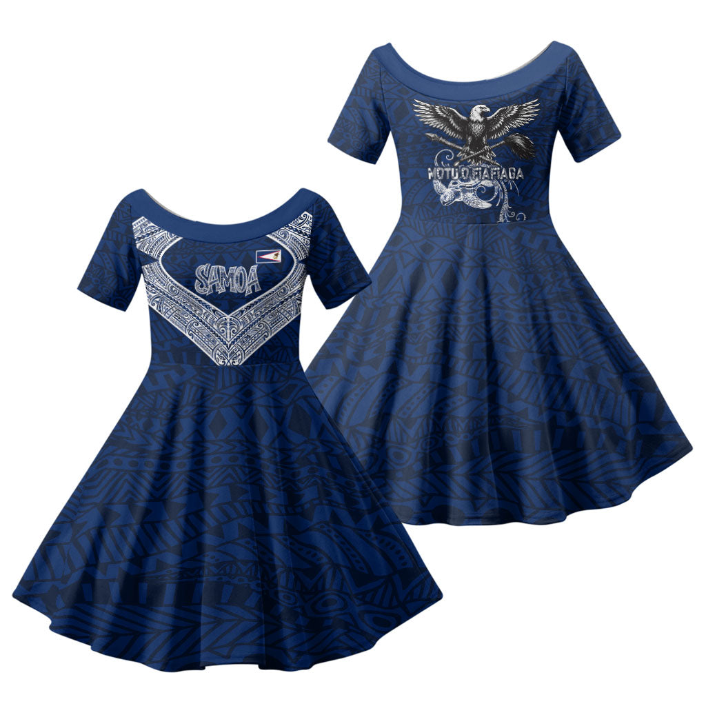 American Samoa Eagle Family Matching Off The Shoulder Long Sleeve Dress and Hawaiian Shirt Sea Turtle Traditional Polynesian Tribal Tattoo TS04 Daughter's Dress Blue White - Polynesian Pride