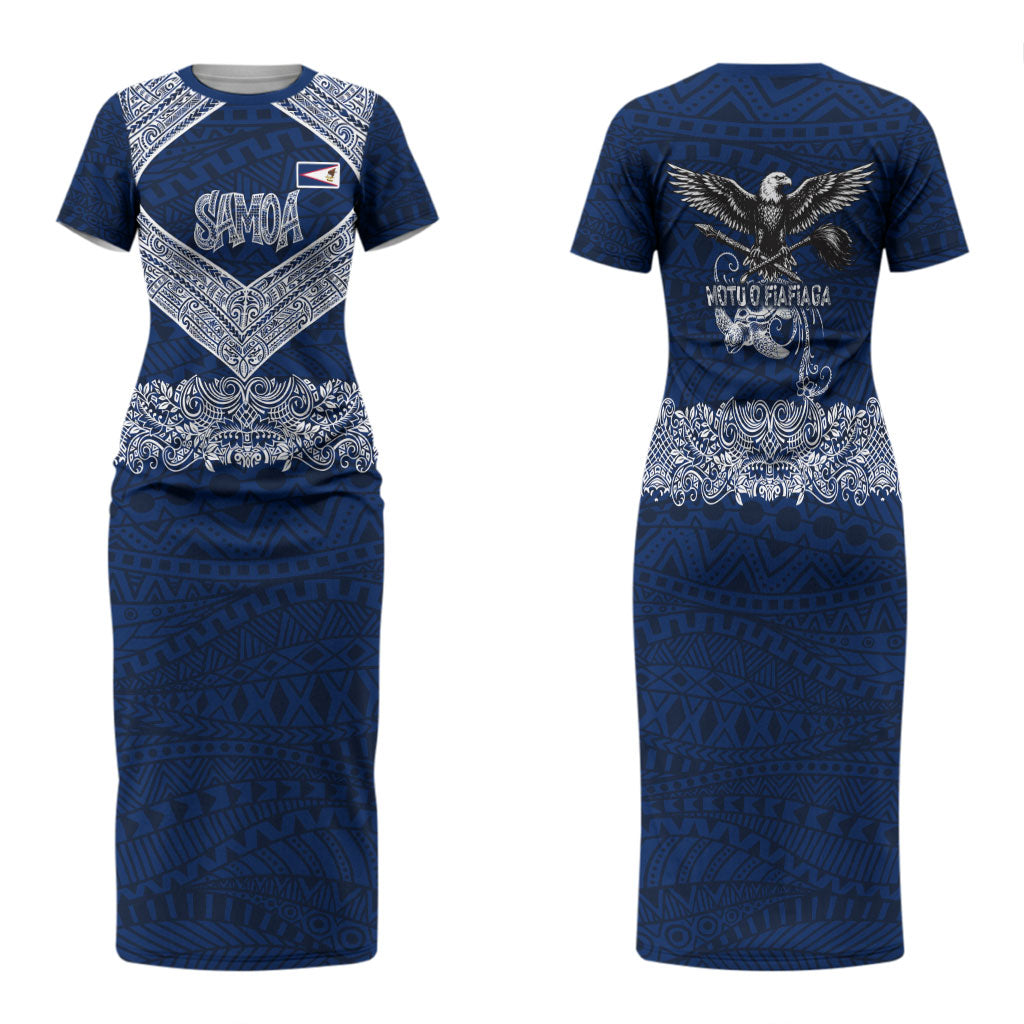 American Samoa Eagle Family Matching Short Sleeve Bodycon Dress and Hawaiian Shirt Sea Turtle Traditional Polynesian Tribal Tattoo TS04 Mom's Dress Blue White - Polynesian Pride