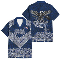 American Samoa Eagle Family Matching Short Sleeve Bodycon Dress and Hawaiian Shirt Sea Turtle Traditional Polynesian Tribal Tattoo TS04 Dad's Shirt - Short Sleeve Blue White - Polynesian Pride